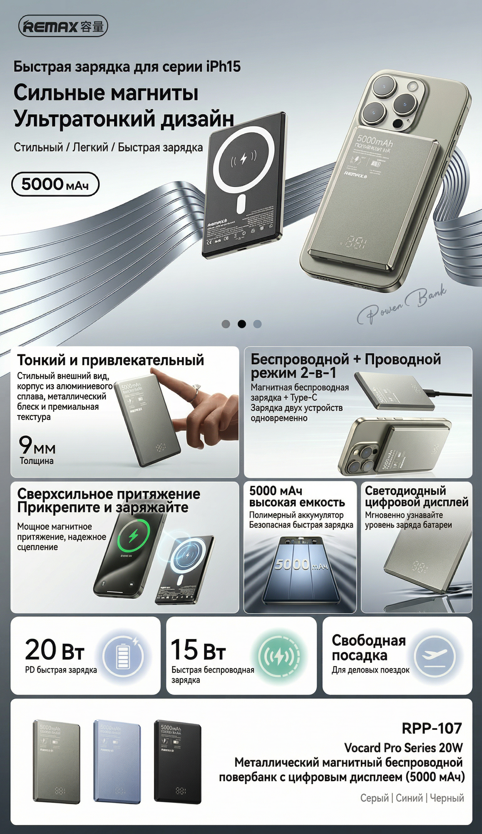 thumb картинка Аккумулятор внешний Remax MagSafe 20W 5000 мАч RPP-107 от магазина Fastoo