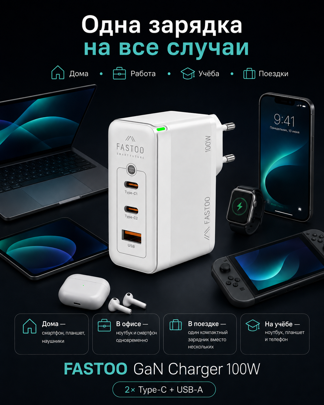 thumb картинка Сетевое зарядное устройства Fastoo GaN Charger 100W A+C+C от магазина Fastoo
